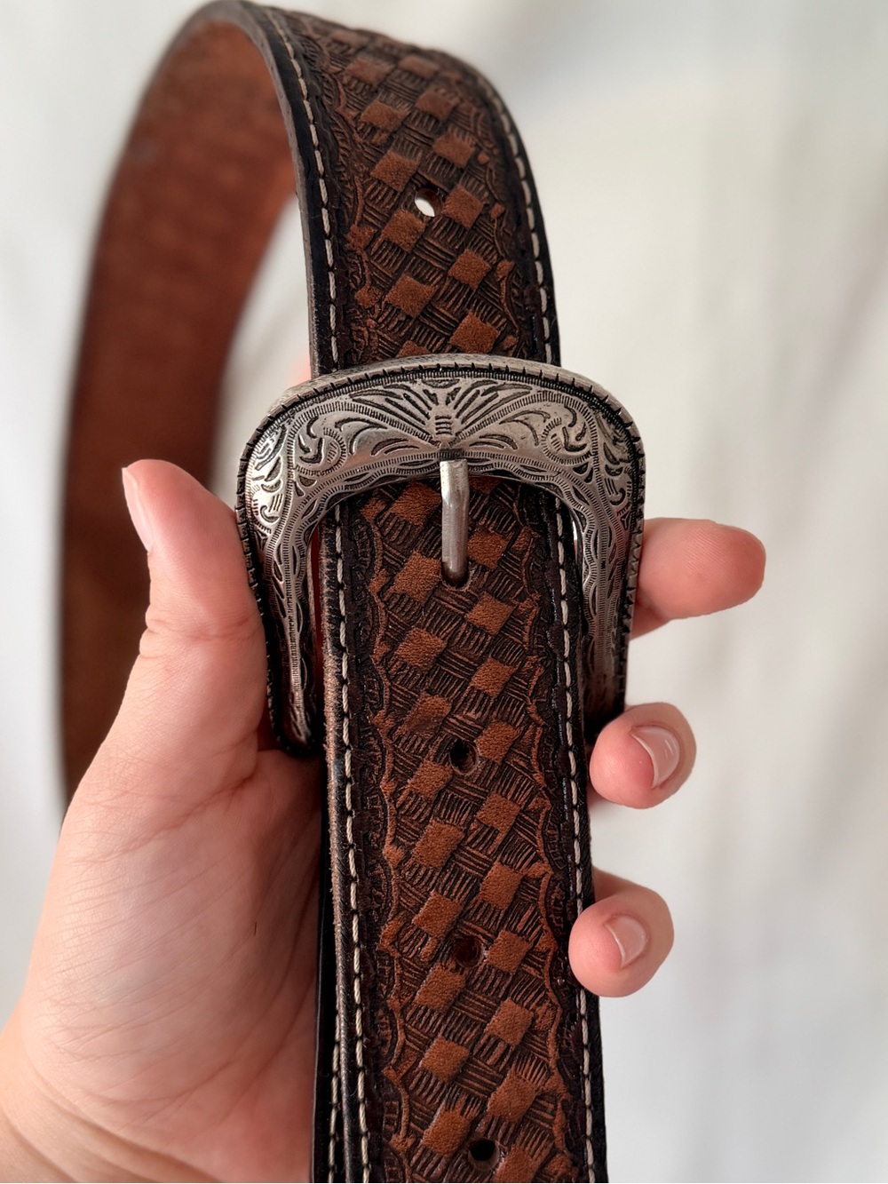 Brown Tooled Leather Men’s Belt with Silver Buckle